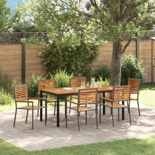 7 Darabos Kert Étkező Szett Szürke Polyrattan Akác, Összeépíthető Kerti Székek Párnákkal 2 db Szürke Polyrattan, Kerti Asztal 180x90x75 cm Szilárd Akác Fa és Fém