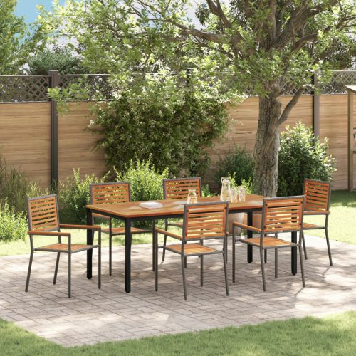 7 darabos Kerti Étkezőszett Szürke Poli Rattan Akác, Egymásra rakható Kerti Székek párnákkal 2 db Szürke Poli Rattan, Kerti Asztal 200x90x75 cm Szilárd Akác Fa és Fém