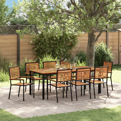 9 Részes Kerti Étkezőszett Fekete Poli Rattan Akácia, Egymásra Rakható Kerti Székek Párnákkal 2 db Fekete Poli Rattan, Kerti Asztal 200x90x75 cm Tömör Akácia Fa és Fém