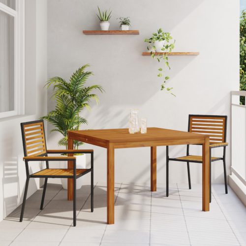 3 darabos Kerti Étkező Garnitúra Fekete Polyrattan Akác, Egymásra Rakható Kerti Székek Párnákkal 2 db Fekete Polyrattan