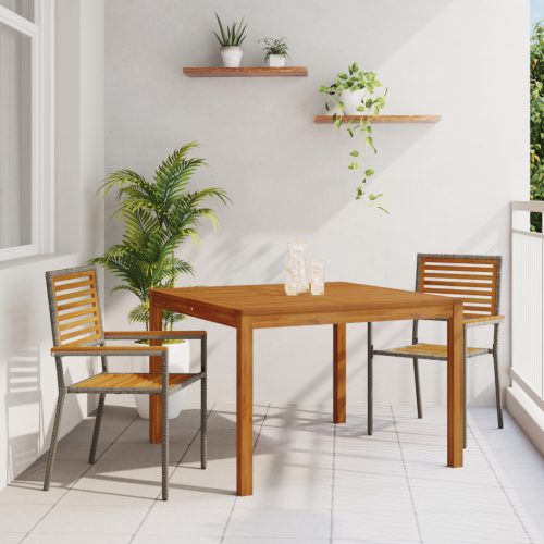 3 részes Kerti Étkező Garnitúra Szürke Poly Rattan Akác, Egymásra Rakható Kerti Székek Párnákkal 2 db Szürke Poly Rattan
