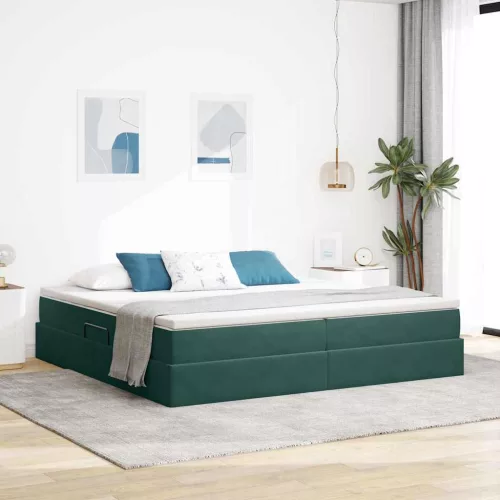 vidaXL Ágy tárolóval és matraccal Sötétzöld 200 x 200 cm Bársony