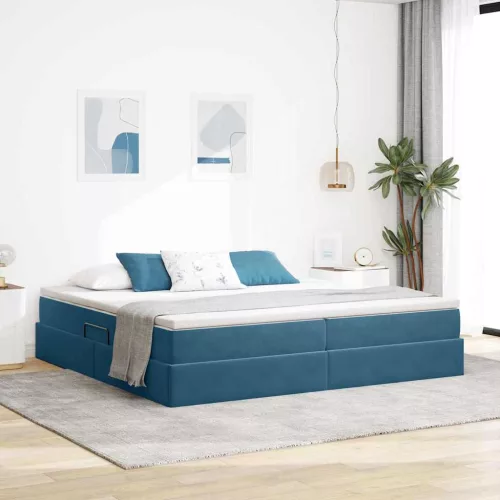 vidaXL Ágy tárolóval és matraccal Sötét kék 200 x 200 cm Bársony