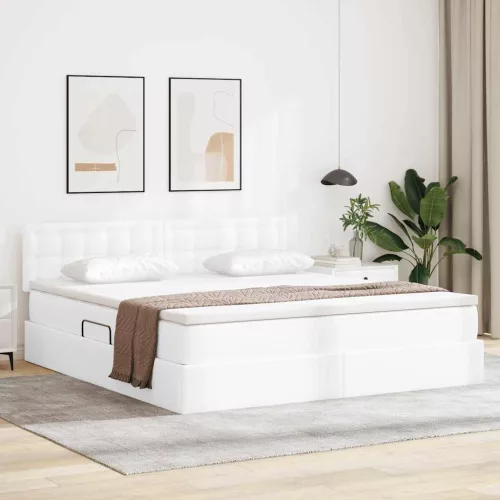 vidaXL Ágy tárolóval és matraccal Tiszta Fehér 180 x 200 cm Műbőr