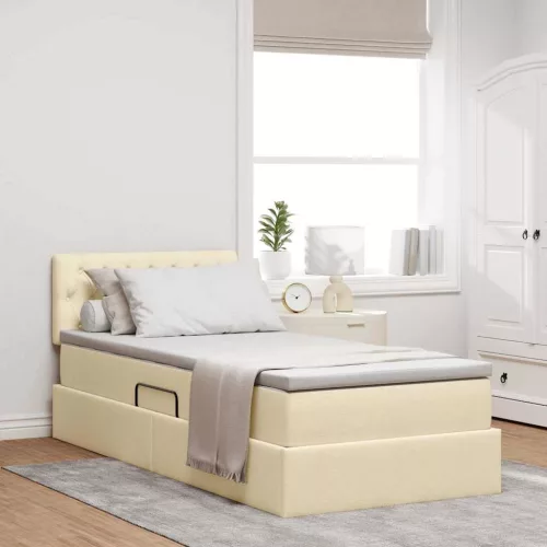 vidaXL Ágy tárolóval és matraccal fejtámlával Krém 90 x 200 cm Faanyag