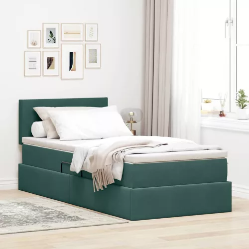 vidaXL Tárolós Ágy matracmal fejtámlával Sötétzöld 90 x 190 cm Bársony