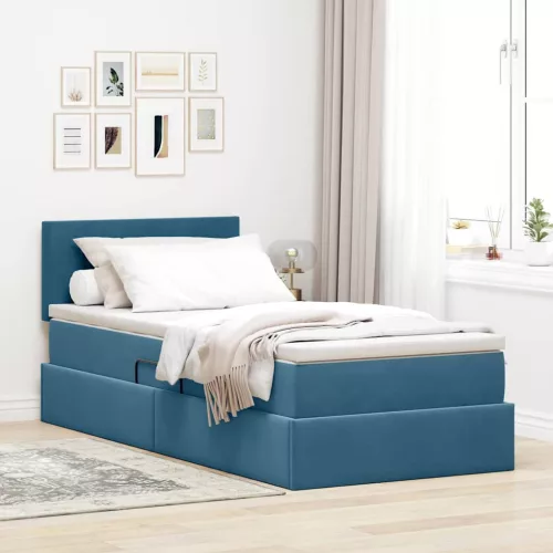vidaXL Tárolós Ágy matracmal fejtámlával Sötét kék 90 x 200 cm Bársony