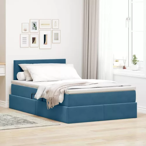 vidaXL Tárolós Ágy matracmal tárolóval Sötét kék 120 x 200 cm Bársony