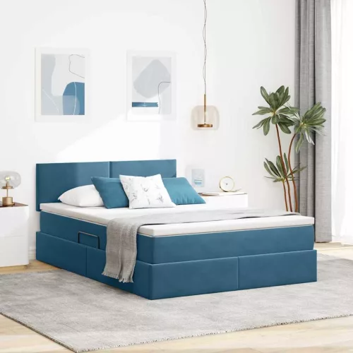 vidaXL Tárolós Ágy matracmal tárolóval Sötét kék 140 x 200 cm Bársony