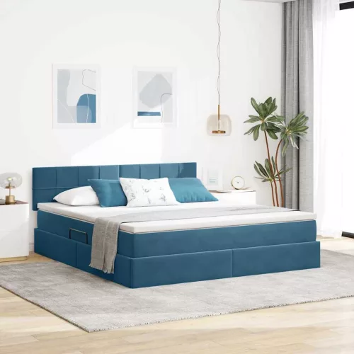 vidaXL Tárolós Ágy matracmal tárolóval Sötét kék 160 x 200 cm Bársony
