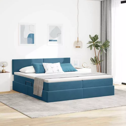 vidaXL Tárolós Ágy matracmal fejtámlával Sötét kék 90 x 200 cm