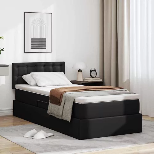 vidaXL Ágy tárolóval és LED lámpával Fekete 90 x 200 cm Műbőr
