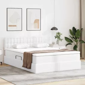   Ágy tárolóval és LED lámpával Tiszta Fehér 140 x 190 cm Műbőr