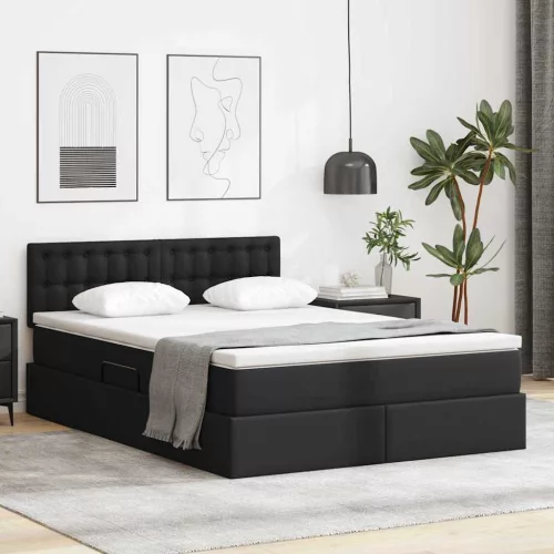 Ágy tárolóval és LED lámpával Fekete 140 x 200 cm Műbőr