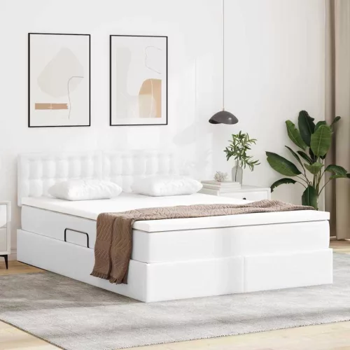 Ágy tárolóval és LED lámpával Tiszta Fehér 140 x 200 cm Műbőr