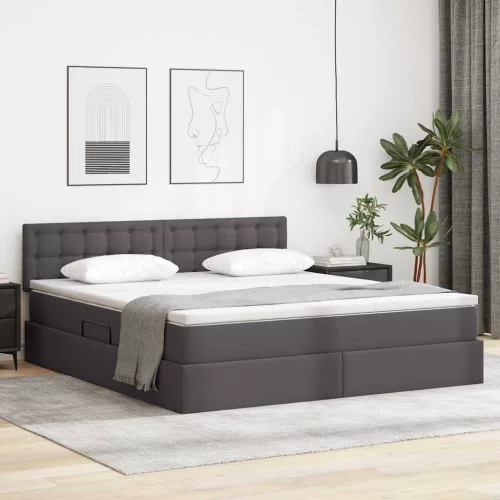 vidaXL Ágy tárolóval és LED lámpával leddel Szürke 180 x 200 cm Műbőr