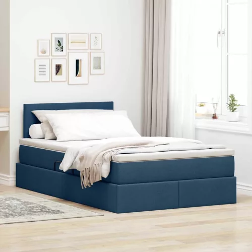 vidaXL Ágy tárolóval és LED lámpával matracmal Kék 120 x 200 cm szövet