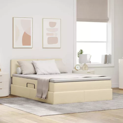 vidaXL Ágy tárolóval és LED lámpával leddel Krém 140 x 200 cm szövet