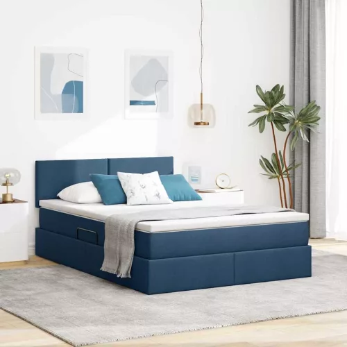 vidaXL Ágy tárolóval és LED lámpával matracmal Kék 140 x 200 cm szövet