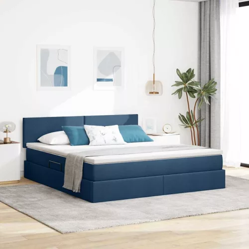 vidaXL Ágy tárolóval és LED lámpával matracmal Kék 160 x 200 cm szövet