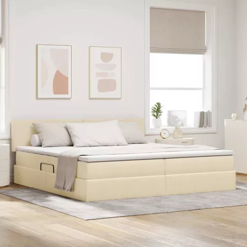 vidaXL Ágy tárolóval és LED lámpával leddel Krém 200 x 200 cm szövet