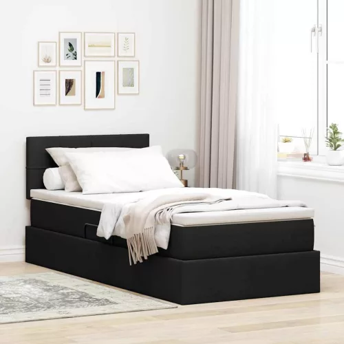 vidaXL Ágy tárolóval és LED lámpával leddel Fekete 90 x 190 cm szövet