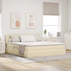   vidaXL Ágy tárolóval és LED lámpával leddel Krém 160 x 200 cm szövet