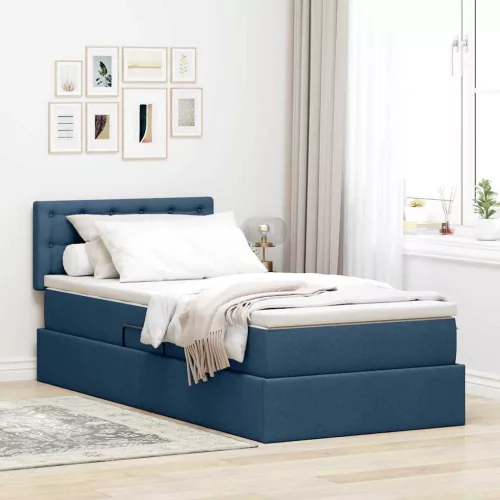 vidaXL Ágy tárolóval és LED lámpával matracmal Kék 90 x 190 cm szövet