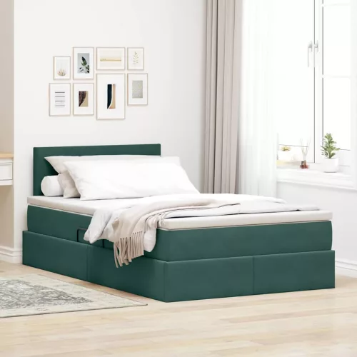Ágy tárolóval és LED lámpával Sötétzöld 120 x 200 cm Bársony