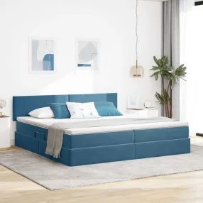   vidaXL Ágy tárolóval és LED lámpával Sötét kék 200 x 200 cm Bársony