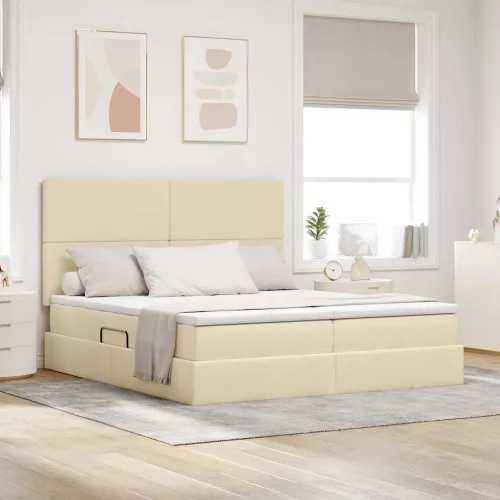vidaXL Tárolós Ágy fejtámlával tárolóval Krém 180 x 200 cm Műbőr
