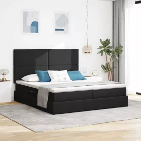   vidaXL Tárolós Ágy fejtámlával tárolóval Fekete 200 x 200 cm Műbőr