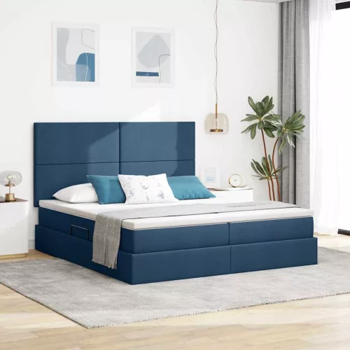 vidaXL Tárolós Ágy fejtámlával tárolóval Kék 200 x 200 cm Műbőr
