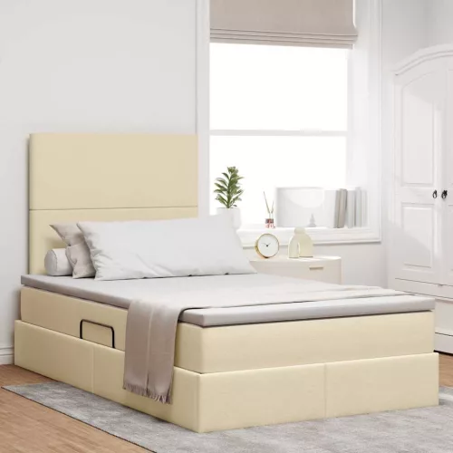 vidaXL Ágy tárolóval és LED lámpával Krém 120 x 200 cm Poliészter