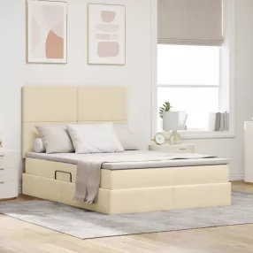   vidaXL Ágy tárolóval és LED lámpával Krém 140 x 200 cm Poliészter