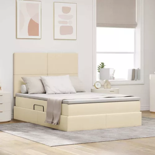 vidaXL Ágy tárolóval és LED lámpával Krém 140 x 200 cm Poliészter
