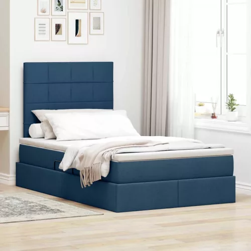 vidaXL Ágy tárolóval és LED lámpával Kék 120 x 200 cm Poliészter