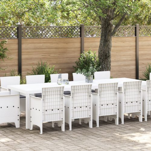 13 Darabos Kerti Étkezőgarnitúra Párnákkal Fehér Polirattan, Kerti Asztal Fehér 150x100x73 cm Polirattan, Kerti Székek Párnákkal 4 db Fehér Polirattan