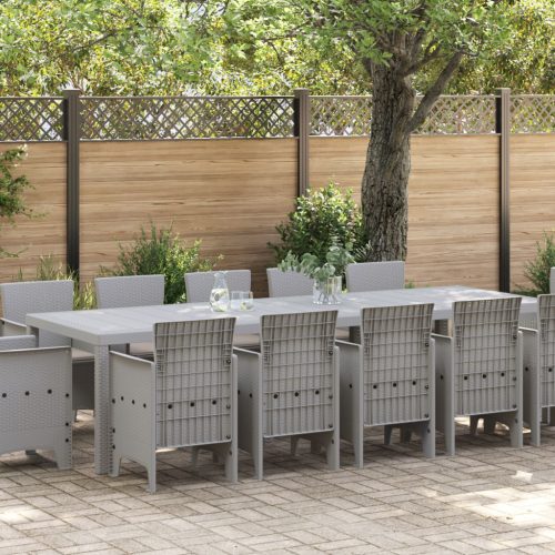 13 részes Kerti Étkező Szett Párnákkal Világosszürke Polirattan, Kerti Asztal Világosszürke 150x100x73 cm Polirattan, Kerti Székek Párnákkal 4 db Világosszürke Polirattan