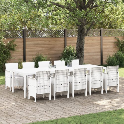 11 Darabos Kerti Étkező Szett Párnákkal Fehér Polirattan, Kerti Asztal Fehér 150x100x73 cm Polirattan, Kerti Székek Párnákkal 2 db Fehér Polirattan, Kerti Székek Párnákkal 4 db Fehér Polirattan
