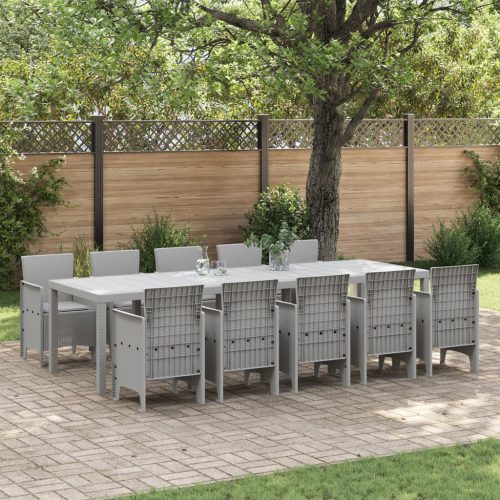 11 darabos kerti étkezőszett párnákkal világosszürke polirattan, kerti asztal világosszürke 150x100x73 cm polirattan, kerti szék párnákkal 2 db világosszürke polirattan, kerti szék párnákkal 4 db világosszürke polirattan