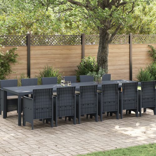 13 Részes Kerti Étkezősor Párnákkal Antracit Polirattan, Kerti Asztal Antracit 200x100x73 cm Polirattan, Kerti Asztal Antracit 150x100x73 cm Polirattan, Kerti Székek Párnákkal 4 db Antracit Polirattan