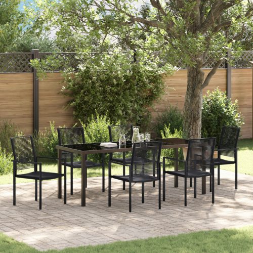 7 Részes Kerti Étkezősor Fekete PVC Rattan