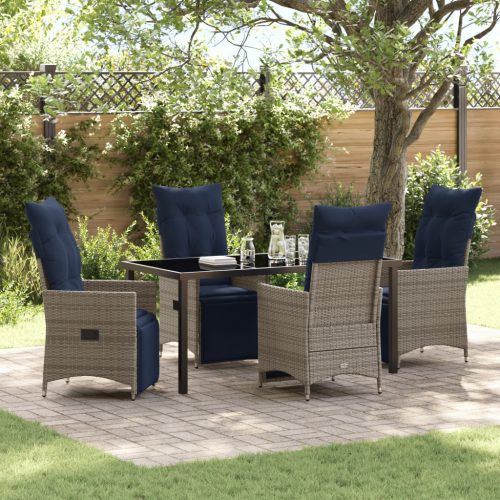 5 részes kerti étkezőszett párnákkal szürke poli rattan, Kerti Asztal Fekete 160x80x73 cm Edzett Üveg