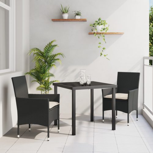 3 darabos Kerti Étkező Szett Párnákkal Fekete Poli Rattan, Kerti Asztal Fekete 80x80x73 cm Edzett Üveg