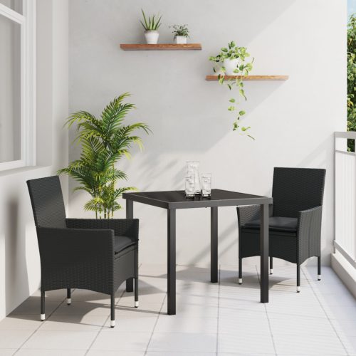 3 Részes Kert Étkezőszett párnákkal Fekete Polirattan, Kert Asztal Fekete 80x80x73 cm Edzett Üveg