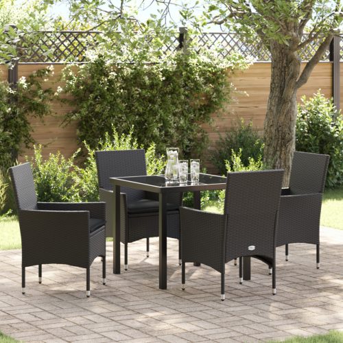 5 darabos Kerti Étkezőkészlet Párnákkal Fekete Poli Rattan, Kerti Asztal Fekete 80x80x73 cm Edzett Üveg