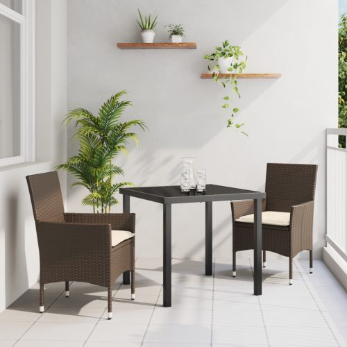 3 Darabos Kerti Étkezőszett Párnákkal Barna Polirattan, Kerti Asztal Fekete 80x80x73 cm Edzett Üveg