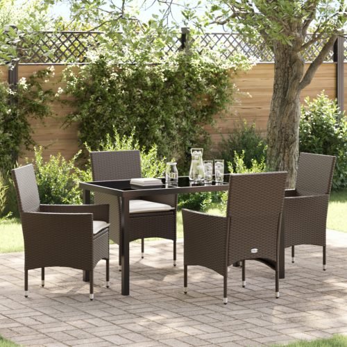 5 Részes Kerti Étkezőasztal Párnákkal Barna Poli Rattan, Kerti Asztal Fekete 140x80x73 cm Edzett Üveg