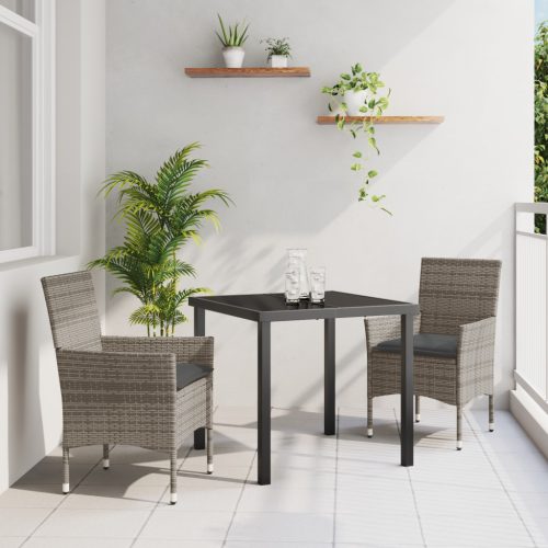 3 Darabos Kerti Étkező Szett Párnákkal Szürke Polirattan, Kerti Asztal Fekete 80x80x73 cm Edzett Üveg